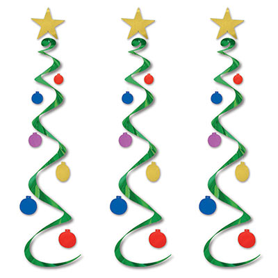hanging Christmas decoration that has a star at the top with green whirls hanging down with multiple colored balls attached