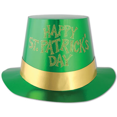 green St. Patricks Day Top Hat with glittered gold text that reads Happy St. Patricks Day