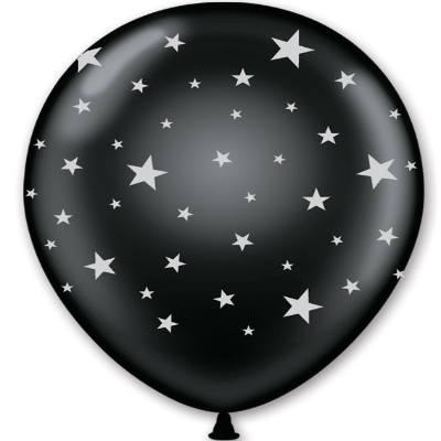Latex black balloon with silver imprinted stars for New Year's Eve.