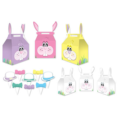 Easter Bunny paper favor boxes in pink purple and yellow with a bunny face on them