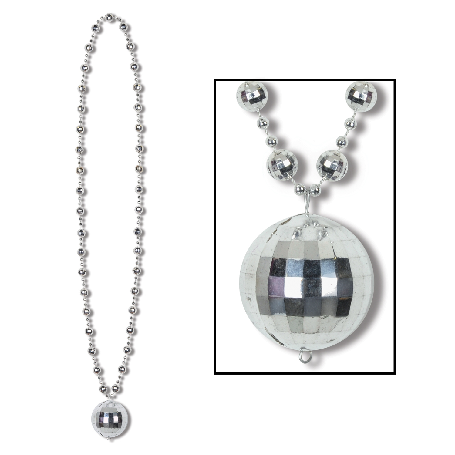 Silver disco ball necklace in the theme of 1970s disco