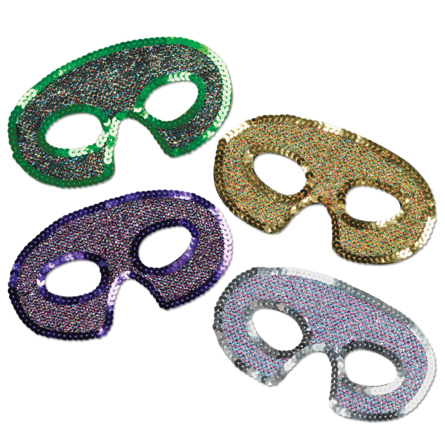 beautiful sequined half masks in green, gold, purple, and silver that cover just the eyes