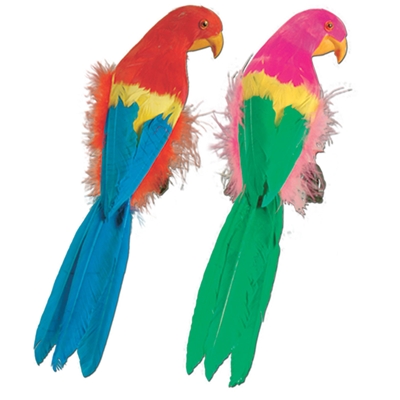 colorful fake parrots in bright colors with fake feathers