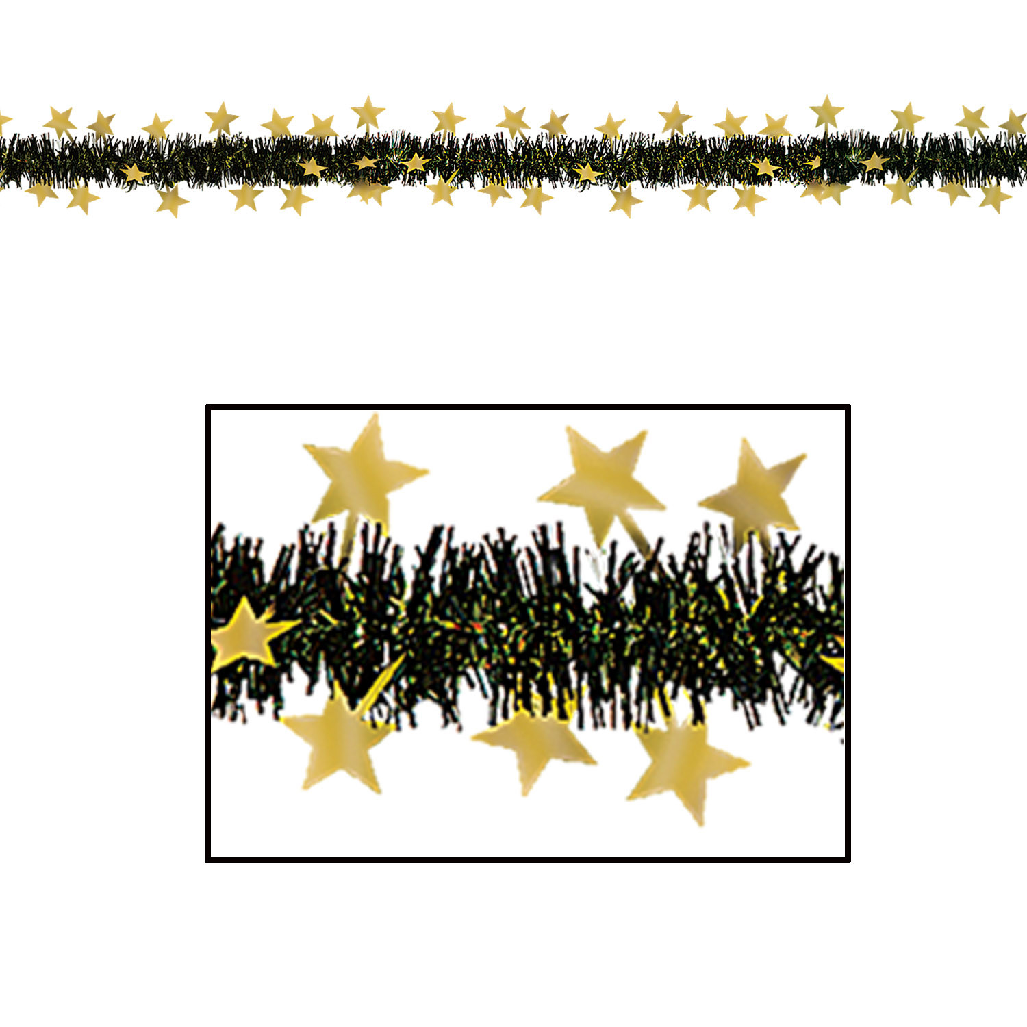 Black metallic fringe garland with gold stars.