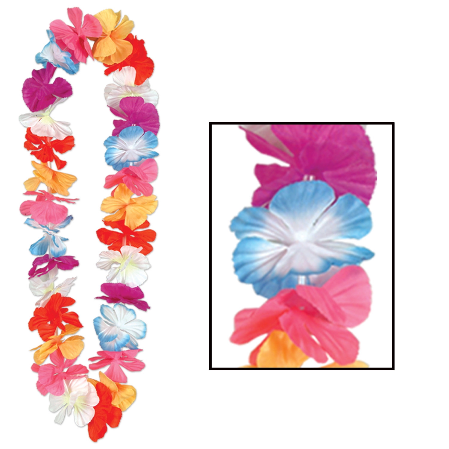 Multi-colored floral silk luau leis. 