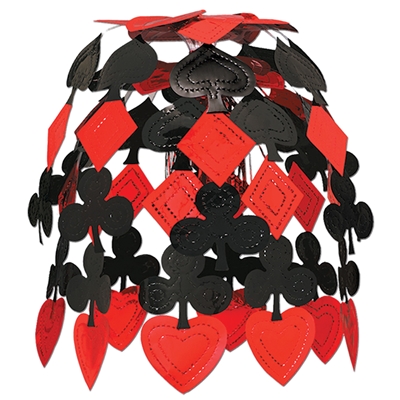 red and black hanging decoration with hearts, diamonds, clubs, and spades