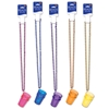 Pink, blue, purple, orange, and yellow party beads with matching colored, plastic shot glass. 