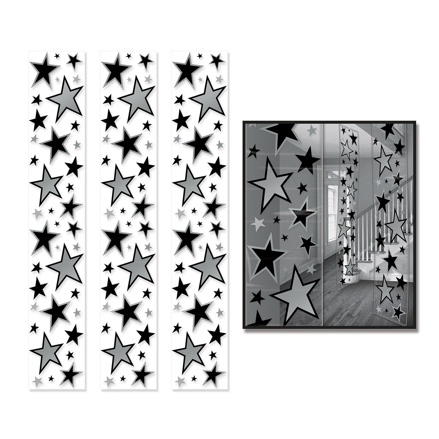 Clear Star Party Panels with silver and black stars in various sizes.