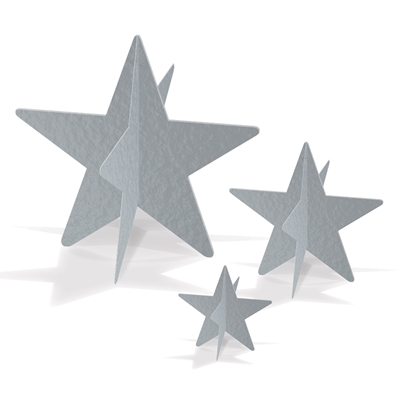 3-D silver foil star table centerpiece in small, medium, and large. 
