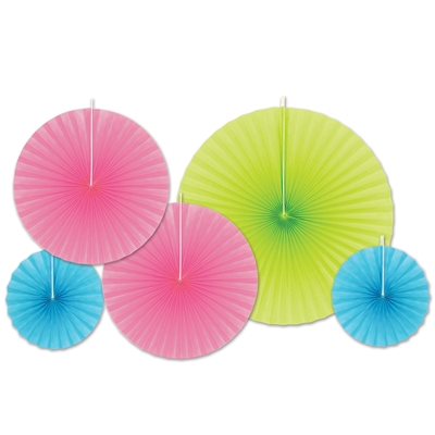 Assorted sized paper accordion fans in lime green, pink, and light blue 