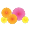 Assorted sized accordion paper fans in orange, pink, and yellow 