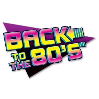 1980's style sign in purple, black and yellow, that reads, "Back to the 80's"