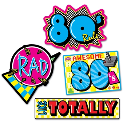 1980's style signs that read, "rad, like totally, awesome 80's, and 80's rule"