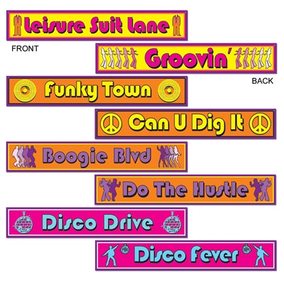 1970's style paper signs with disco era sayings