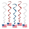 hanging red white and blue whirls with American flags on the bottom