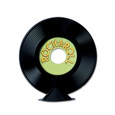 black plastic record with a green label that reads Rock & Roll that sits on the table as a centerpiece