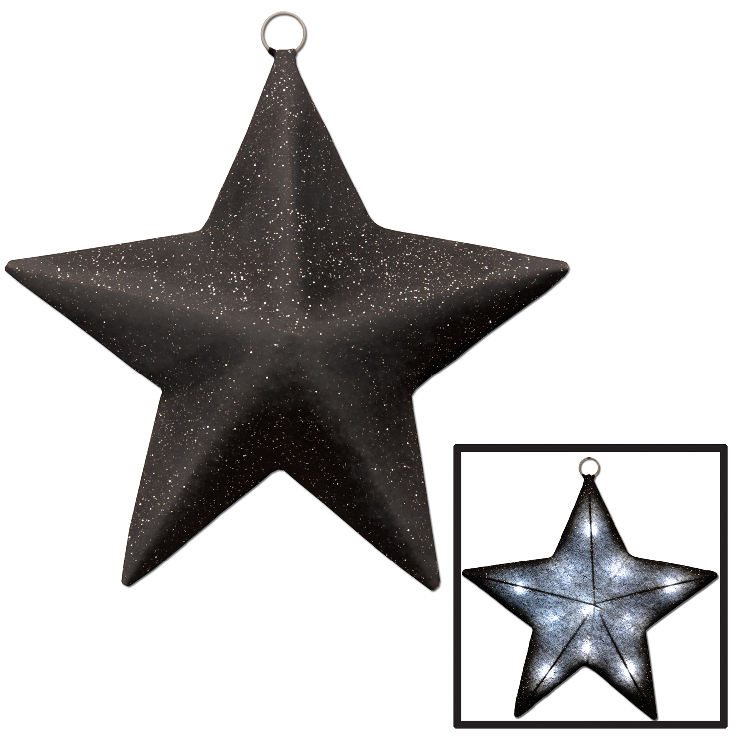 Hanging black star with light up function inside for a glow.