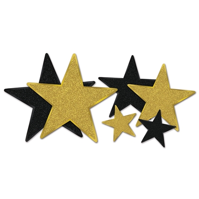 Assorted sized star cutouts in black and gold with glitter.