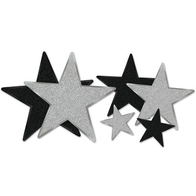 Assorted sized star cutouts in black and silver with glitter.