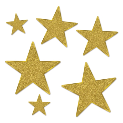 Assorted sized gold star cutouts with glitter.