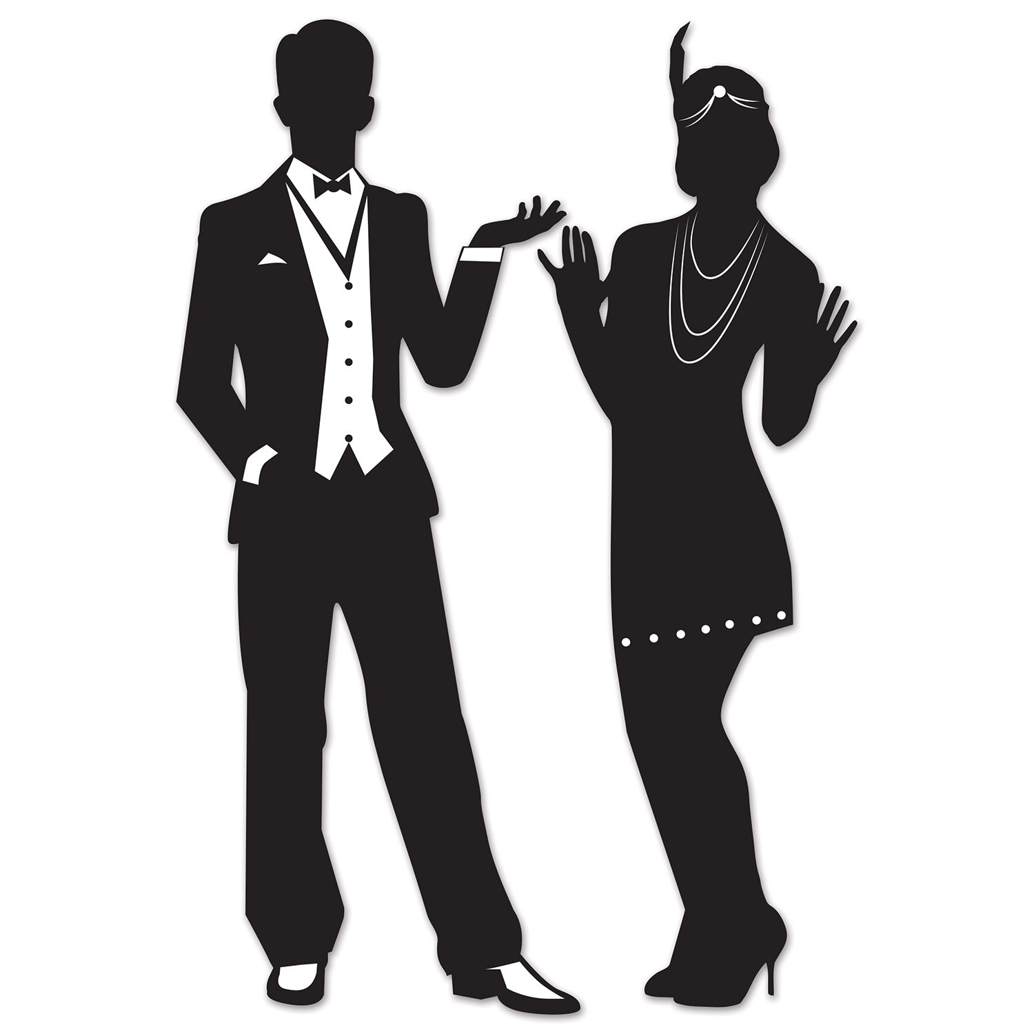 Black 20s silhouette of a male and female dressed up for a party.