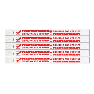 Waterproof white wristband that reads "drinking age verified" in red.
