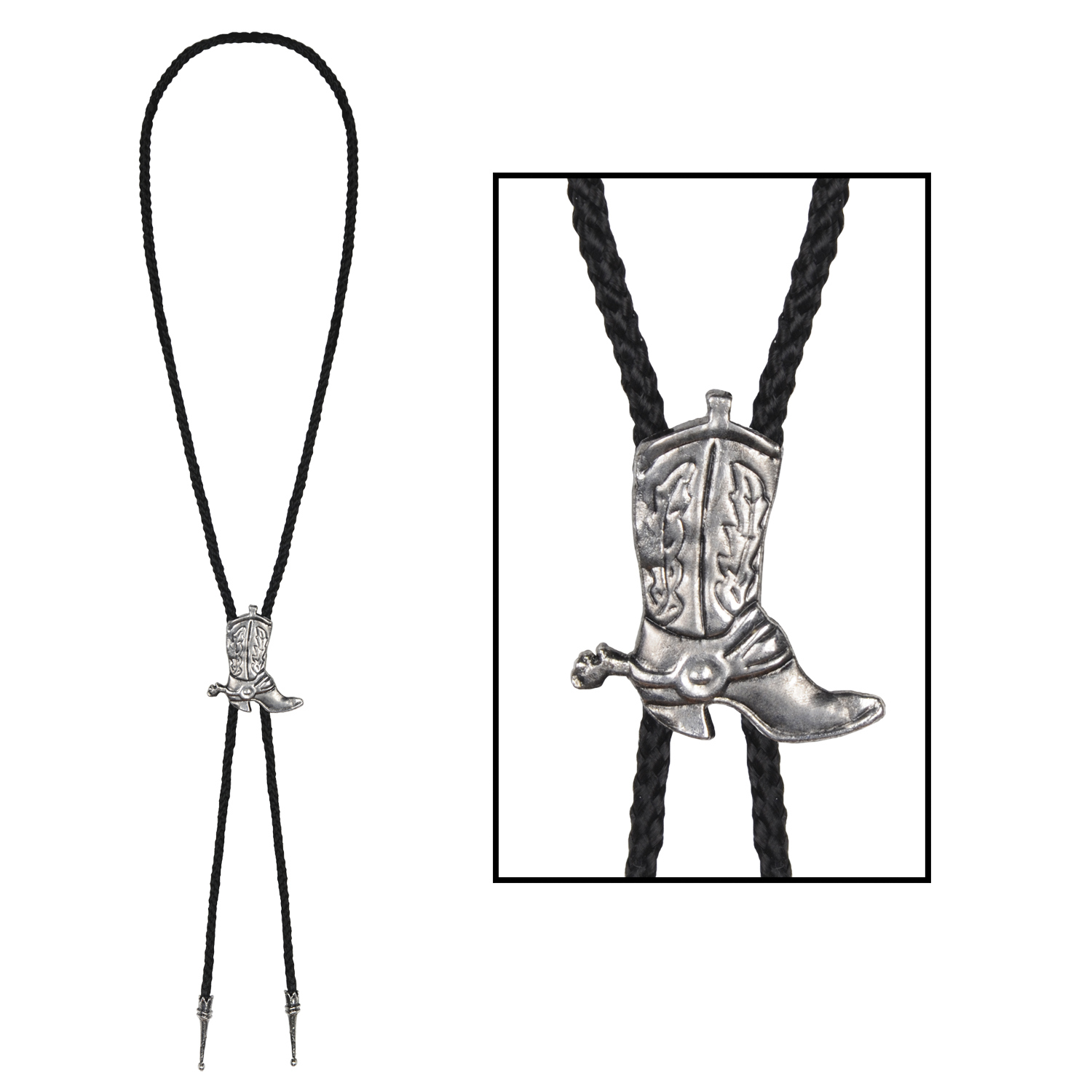 shoelace western bolo tie with a cowboy boot clasp