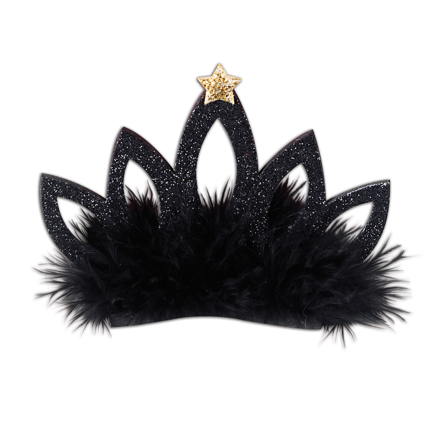 Black small tiara with black material and soft fuzzy bottom attached to a metal hair clip.