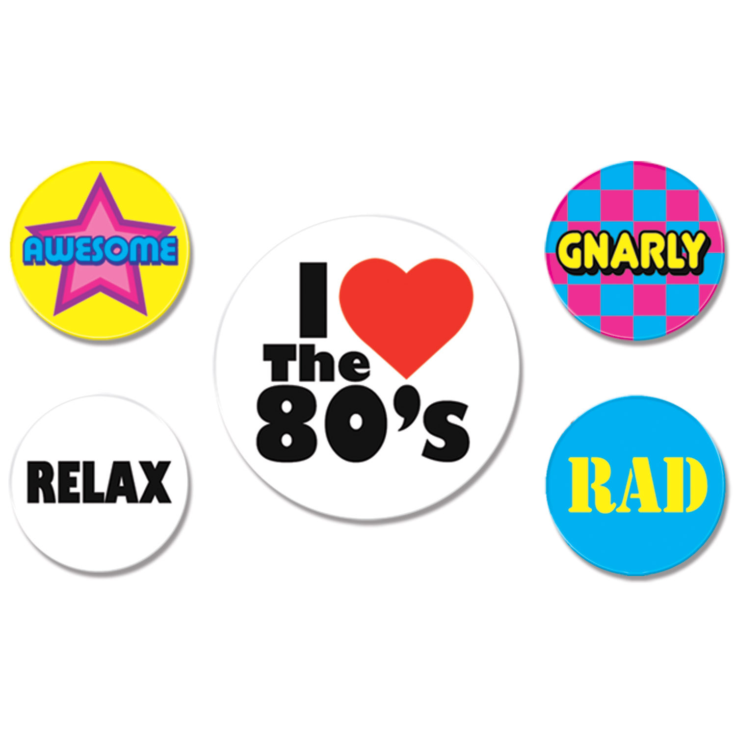 1980s buttons that say I love the 80s, gnarly, rad, relax