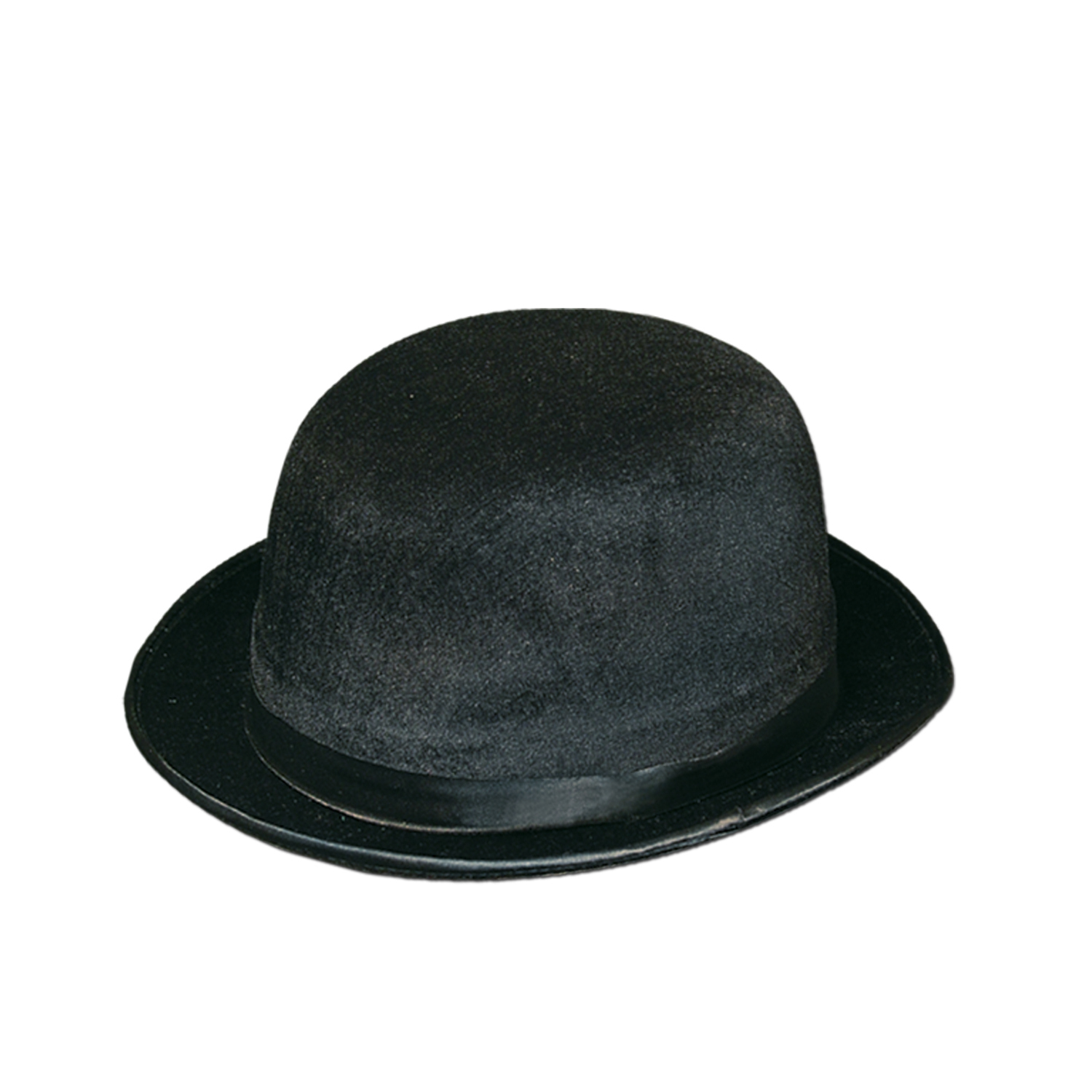 Plastic molded derby hat with velour coating and a silk like band.