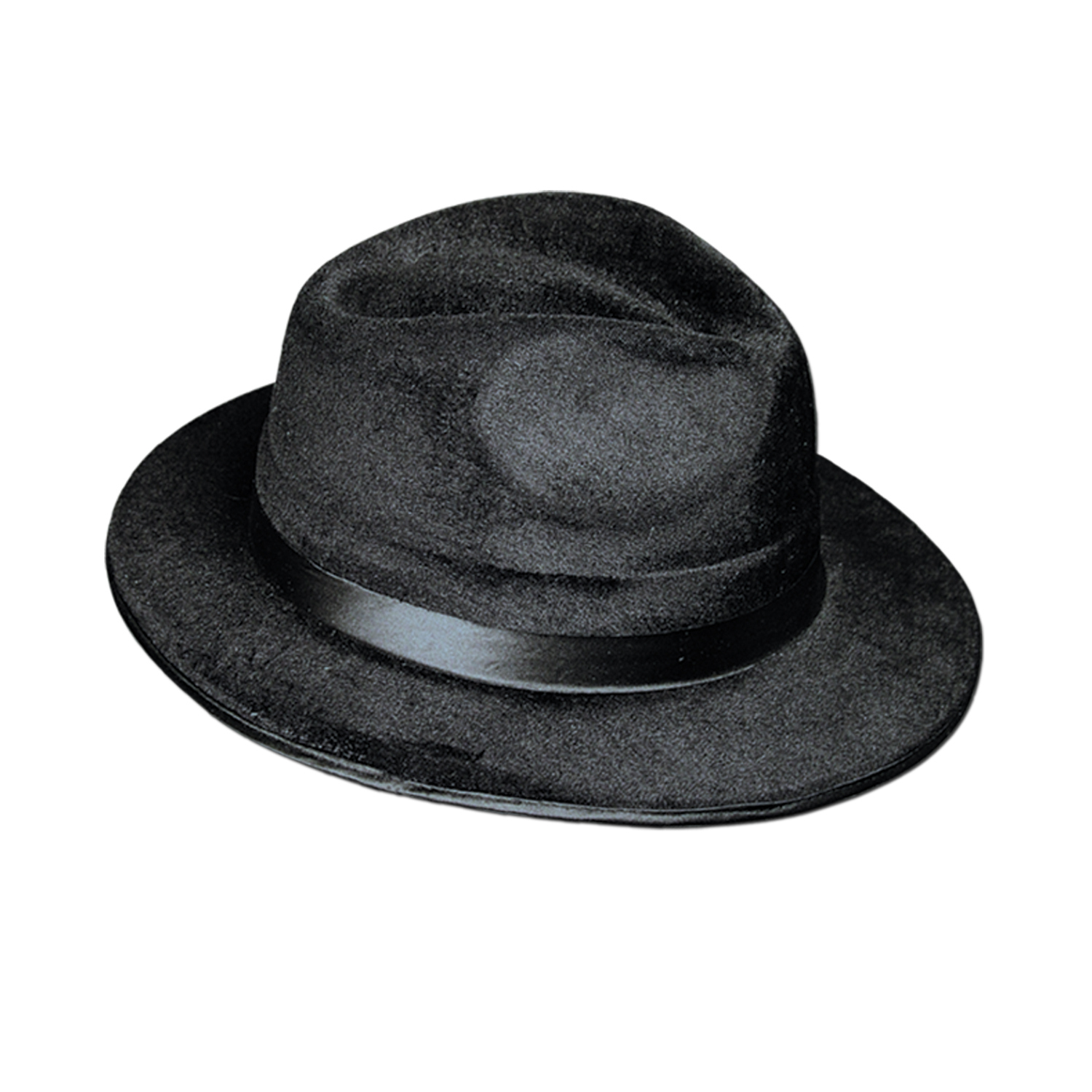 Plastic molded black fedora with a velour coating and a silk like band.