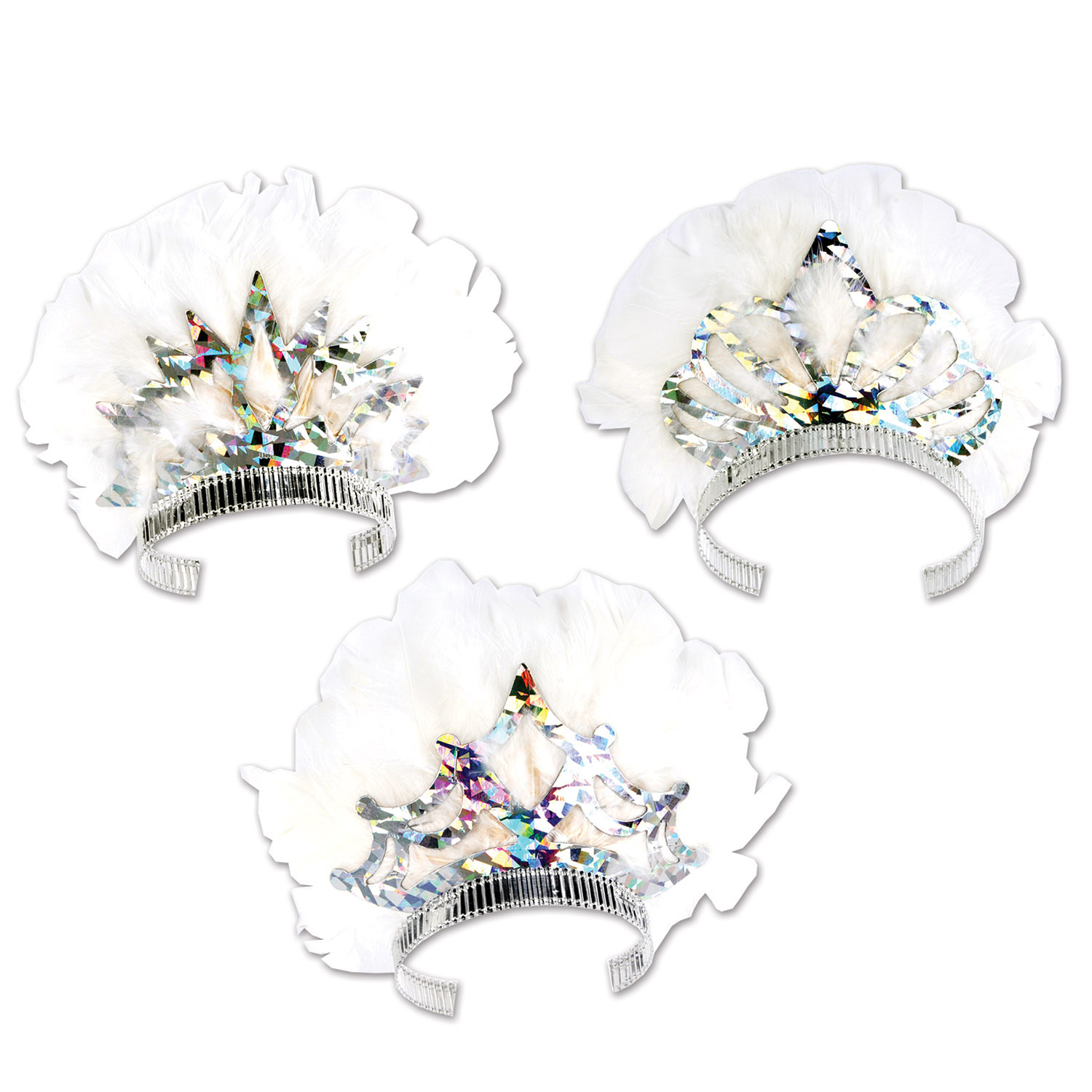 Three different designed prismatic tiaras with a spread of white feathers.
