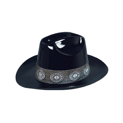 Black plastic cowboy hat with decorative grey cardstock band. 