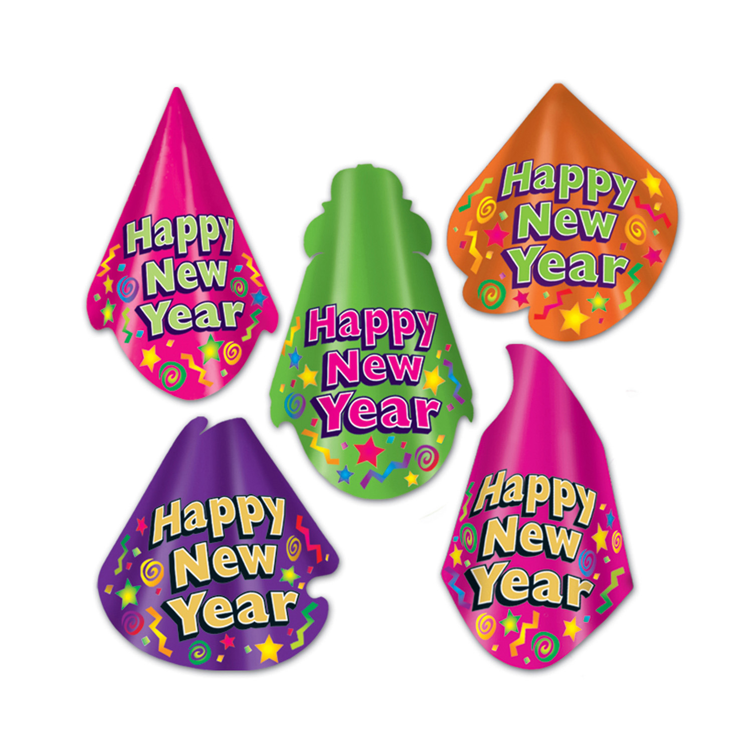 Bright colored party hats with festive designs and the words "Happy New Year".