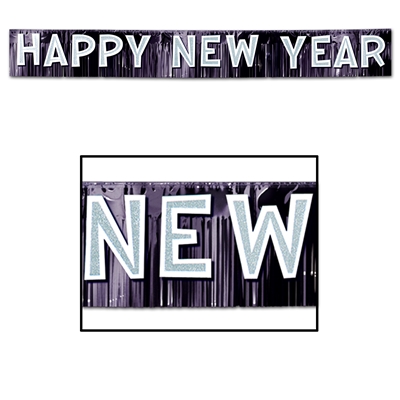 Black metallic fringed banner with glitted white cardstock, happy new year, lettering.