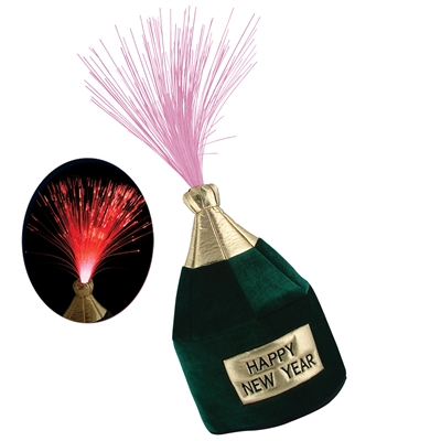 Plush campagne bottle attached to a metal hair clip and includes led lights.