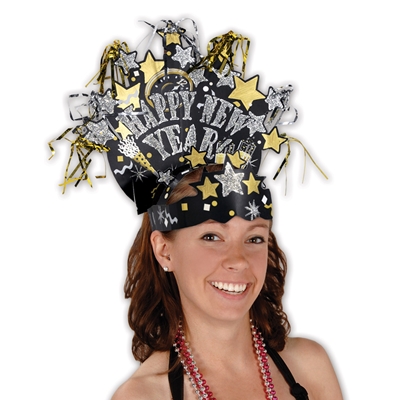 Glittered New Year's Eve  headwear overflowing in colors gold, silver and black.