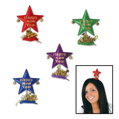 Blue, green, red, and purple stars with bells and gold tinsel attached to a metal hair clip.