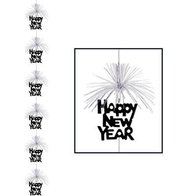 Black Happy New Year vertical stringer with silver metallic fringe above each "Happy New Year" 