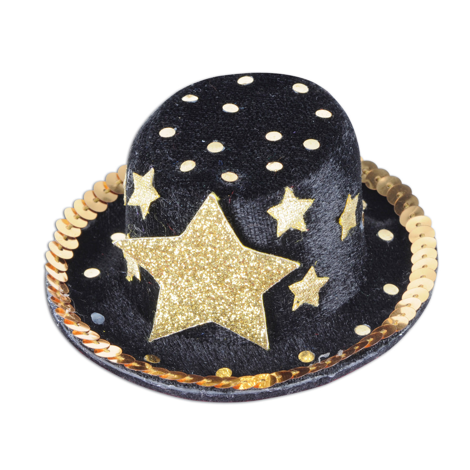 Top hat hair clip with a black base, gold stars, dots and sequines.