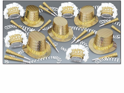 gold party kit for New Year's Eve that has prismatic gold foil party hats, happy new year tiaras, and shiny horns
