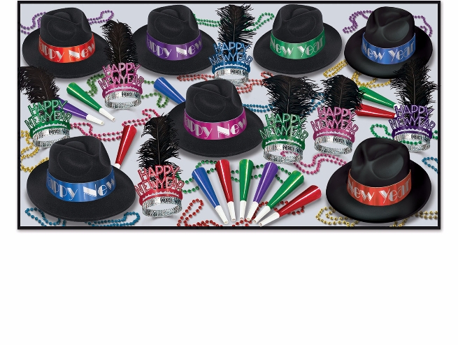assorted mixed colored fedora new years party kit that also includes tiaras with black feathers, horns, and beads