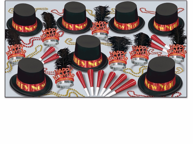 Red and black new years eve party kits with velour top hats