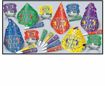 multi-color new year's eve party kit with party hats, nye tiaras, and party horns