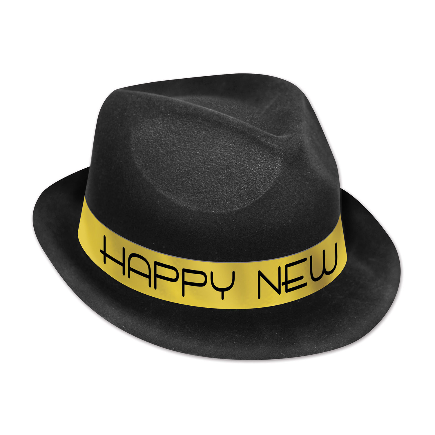 Plastic molded chairman hat with velour coating and a gold band that reads "Happy New Year".