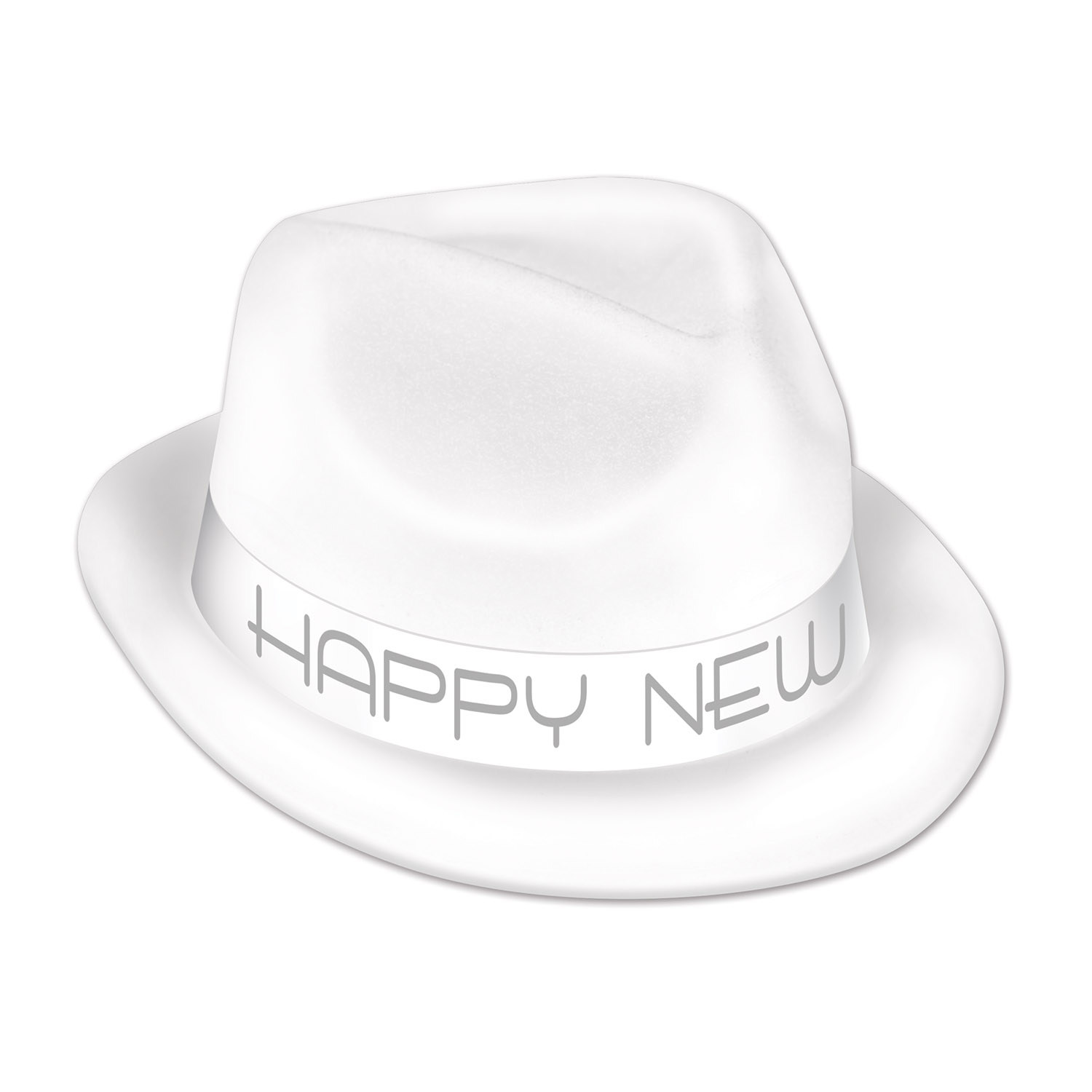 White plastic material coated in velour material with a white band that reads "Happy New Year" in silver.