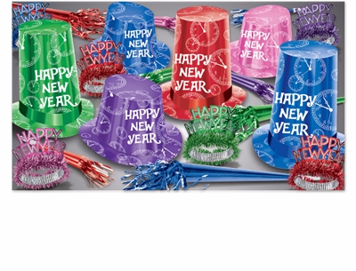 bright colored new year's eve party kit with extra large hats with clocks on them along with happy new year tiaras and noisemakers