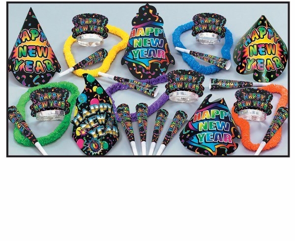 nye party supplies with happy new year cone hats, party leis, and noisemakers