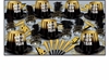 black and gold nye party kit with party hats, happy new year tiaras, horns, noisemakers and beads