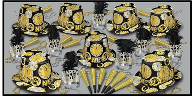 black gold and silver new year's eve party kit for 50 people that has clocks all over the hats